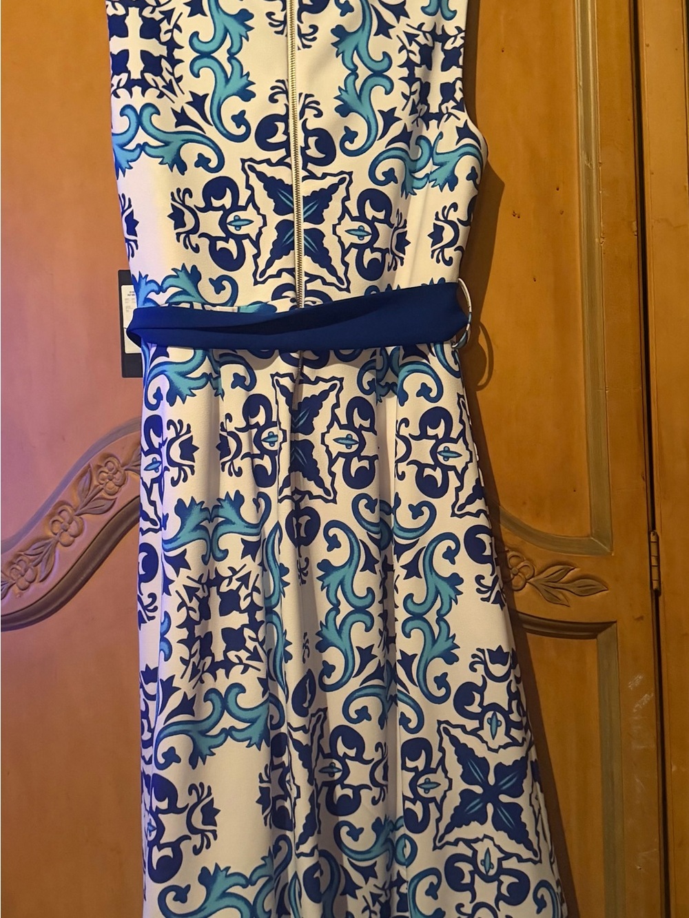 Investments Blue & White Printed Sleeveless Midi Dress with Navy Sash - Picture 4 of 10